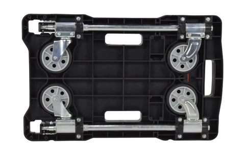 Bottom view of Plastic Fold Flat Cart Workhorse with four wheels and sturdy structure in black plastic.