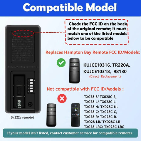 Ceiling Fan Remote Control Replacement For Hampton Bay Fans KUJCE10318 KUJCE10316 TR220A 98130 Light Dimmer With 3 Speeds 304.25MHz compatibility chart