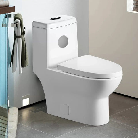 Modern bathroom with white toilet next to towel rack, featuring sleek design and shiny floor tiles.