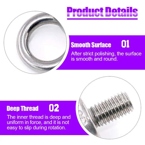 Beefed Up M16 Eye Bolt Lifting Kit With Lock Nuts And Washers 8 Piece Stainless Steel Ring Eyebolts For Rigging And Hoisting Corrosion Resistant Shipboard Ready, smooth eyelet and threaded bolt close-up