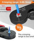 Self Adjusting Wire Ferrule Crimping Tool With Square Jaw For AWG 28-5 showing crimping range and connector size diagram