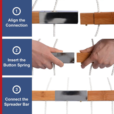 Steps to assemble the 12 Ft Outdoor Hammock With Stand For Two, showing connection and spreader bar installation.