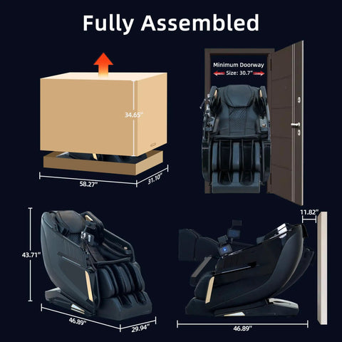 Dimensions of 57-Inch SL-Track 4D Massage Chair With Full Body Zero Gravity Recliner in assembly and doorway view