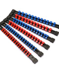 Portable ABS Socket Clip Rail Organizer For One Quarter Inch, Three Eighths Inch, And One Half Inch Drive Sockets, Six Piece Set with red and blue coded clips for SAE and metric sockets