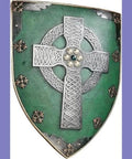 Celtic Cross Warriors Shield Wall Decor Sculpture Medieval Style Replica 18 Inch Mounted Shield with green background