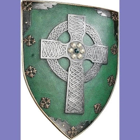 Celtic Cross Warriors Shield Wall Decor Sculpture Medieval Style Replica 18 Inch Mounted Shield with green background