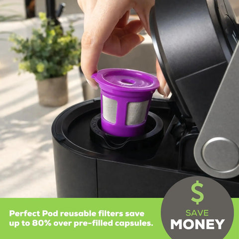 Person placing a Budget Friendly Reusable K Cup Pod Coffee Filter With Built In Mesh Strainer for Keurig in a machine.