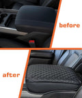 Before and after of Ram 1500 Center Console Cover 2019 To 2026 Anti Scratch PU Leather Armrest Pad Cushion For 2500 And 3500 Models.