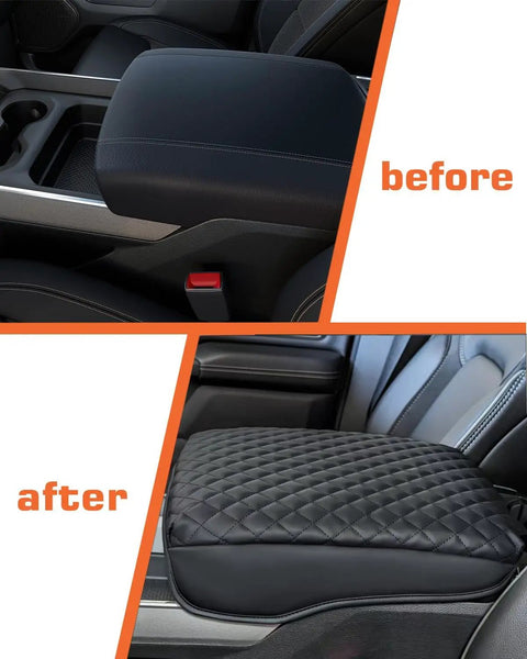 Before and after of Ram 1500 Center Console Cover 2019 To 2026 Anti Scratch PU Leather Armrest Pad Cushion For 2500 And 3500 Models.