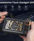 Hands holding Endoscope Camera With Light 1920P HD Borescope Inspection Camera showing automotive engine part on 4.3 inch display