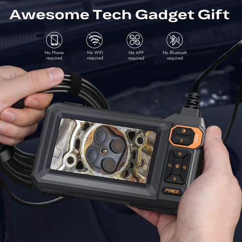 Hands holding Endoscope Camera With Light 1920P HD Borescope Inspection Camera showing automotive engine part on 4.3 inch display