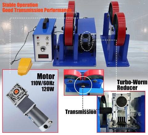 Pipe Welding Rotator For Tanks And Pipes, 2204 Lb Turning Rolls With Linkage, 110V control box, footswitch, PU rollers, motor and transmission close-up
