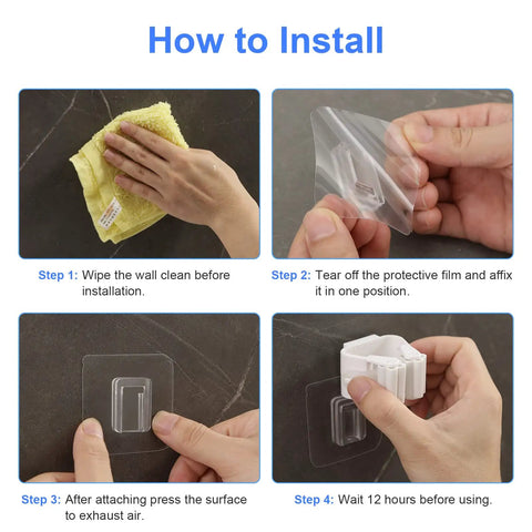 Installation steps for 8 Piece Broom And Mop Wall Mount Kit with Self Adhesive No Drill Anti Slip Organizer.