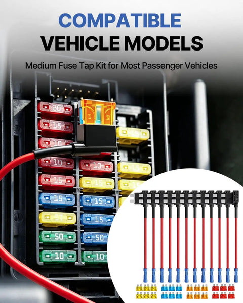 Top Shelf Ride Ready 12V Add A Circuit Fuse Taps With Assorted Blade Fuses, Heavy Duty Tinned Copper Holder Kit For Truck Installations, Plug And Play Wiring Upgrade showing wiring harness and assorted fuses in fuse box.