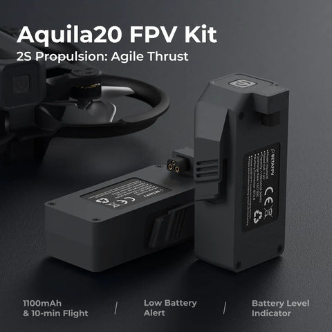Close-up of Aquila20 FPV Kit 2S battery showing capacity, with drone motor and features labeled on a dark background.