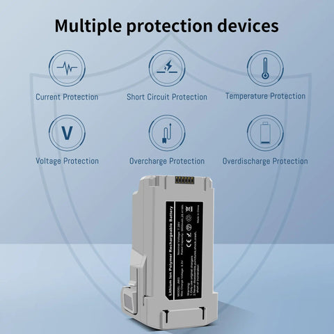 2-Pack Mini 3 Intelligent Flight Battery And 3-Channel Fast Charger Two-Way Charging Hub with protection features displayed