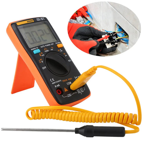 Must Have Digital Multimeter Auto Range Voltmeter with Large Backlit LCD Display, shown measuring voltage in an electrical outlet.