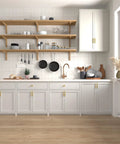Modern kitchen with 20 Pack Gold Cabinet Handles And Drawer Pulls In Brushed Brass Finish For Kitchen Cupboards And Dressers.