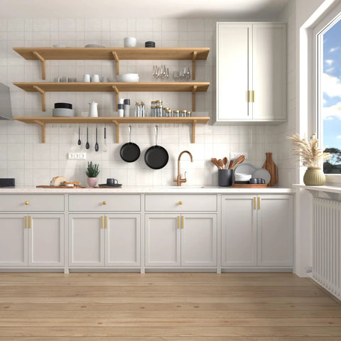 Modern kitchen with 20 Pack Gold Cabinet Handles And Drawer Pulls In Brushed Brass Finish For Kitchen Cupboards And Dressers.