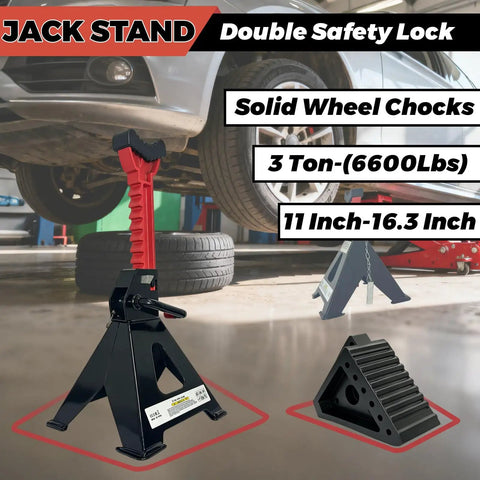 Heavy Duty 3 Ton Jack Stands With Double Pin Lock And Solid Wheel Chocks Garage Must Have Adjustable 11 To 16.33 Inch Lift Height 6600 Lbs Capacity Car Lift Stands Black 1 Pair