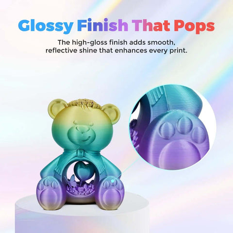 Silk PLA Filament 1.75mm, 1Kg Spool For 3D Printing, Slick Glossy Finish, Dope Silk Look; multicolored bear model.