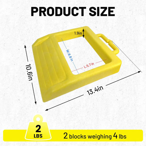 Heavy Duty Pallet Jack Chock Wheel Stopper Stabilizes Pallet Trucks On The Jobsite For Safer More Efficient Handling 14.2 Inch Long By 11.2 Inch Wide By 2 Inch High Yellow 2 Pack, dimensions shown