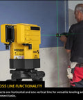 Top Shelf Green Beam Cross Line Laser Bundle Loaded With Full Setup Gear To Shoot Straight Green Lines Clear As Day Up To Hundred Feet On Any Job Site While Keeping Layouts Totally Dead On Point projecting a green line.