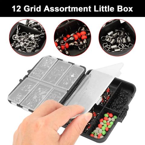 160 Piece Fishing Swivel Snaps Kit with Barrel Snaps, Ball Bearing Swivels, Clips and Glow Beads for Saltwater and Freshwater Tackle, Go To Rig Making Set for Serious Anglers in a 12-grid storage box
