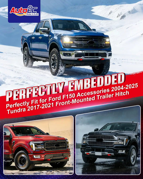 Blue truck with Red Tow Hook Covers for Ford F150 2004 Through 2025, Toyota Tundra 2017 Through 2021, snowy backdrop
