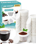 Stacked white disposable coffee filters with biodegradable lids for Keurig 2.0 and 1.0 brewers, 200 count package shown.