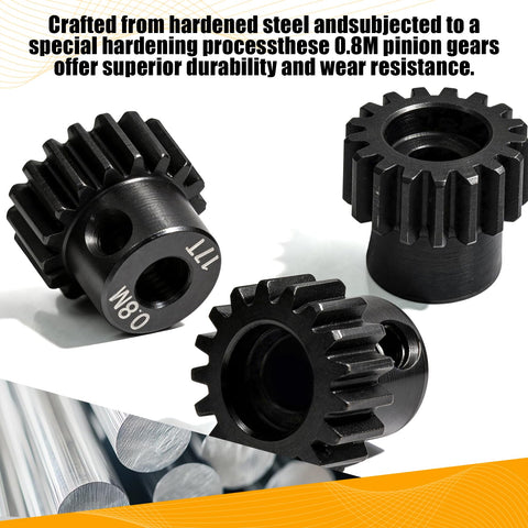 Three Pack Pinion Gear Sets In Zero Point Eight M Module With Seventeen Teeth And Five Millimeter Bore For One Eighth And One Tenth Scale RC Cars Monster Trucks And Buggies, Hardened Steel, Durable, Fits Traxxas Arrma Losi Axial HSP Redcat Tamiya