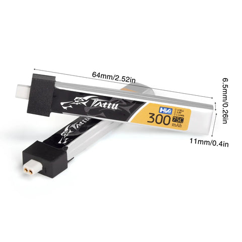 Four Pack BT2.0 300mAh 1S FPV Lipo Battery 3.8V 75C With BT2.0 Plug for Tiny Whoop Drones, dimensions shown