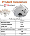 Heavy Duty Electric Chandelier Hoist Lifter For Indoor Ceiling Lights With Dual Remote And Wall Switch Control Heavy Load Support 180kg specifications including 230kg load capacity.