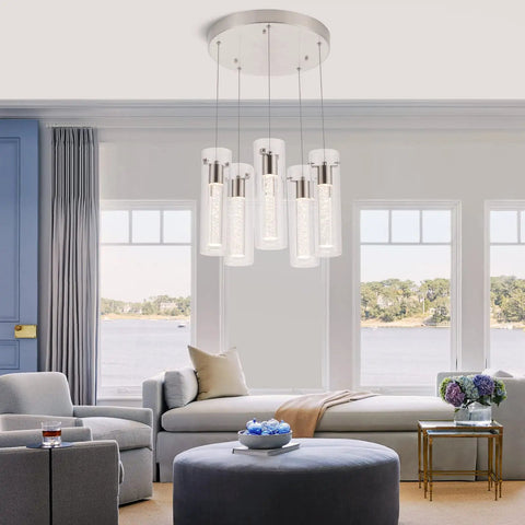 Living room with a Five-Light Brushed Nickel Kitchen Island Pendant Lights With Dimmable LED over seating area, lake view.