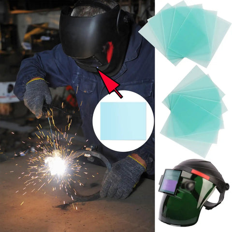 Welder in helmet using 20 Pcs Welding Protective Lens Replacement Lenses For Outer Helmet Clear Covers 4.5 By 5.25 Inch 0.04 Inch Thick For Solar Auto Darkening Welding Hood Pack