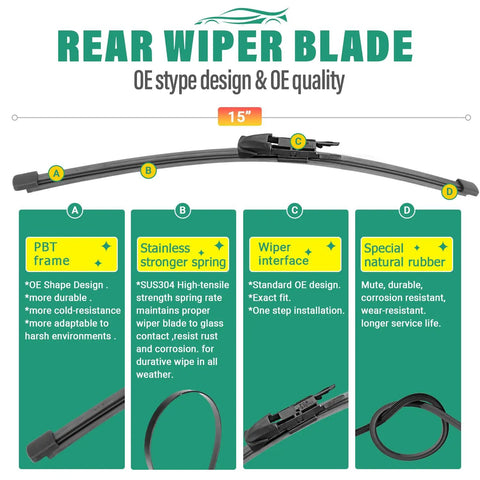 Rear wiper blade 15 inch with PBT frame, stainless spring, easy install, natural rubber for Porsche Macan Wiper Blade Set 24 Inch Front, 20 Inch Front, 15 Inch Rear - Premium All Weather OEM Quality, Streak-Free Clear View, Easy Install, Pack Of 3.