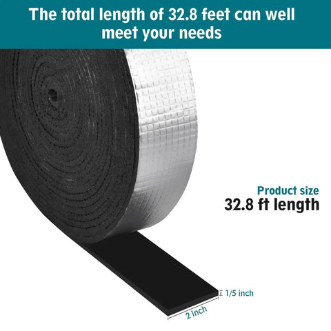 Peel And Stick Outdoor Foam Pipe Insulation Tape 2 Inch By 33 Feet Aluminum Finish Shield shown unrolled with measurements.
