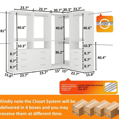 Modular Closet System With Adjustable Wardrobe Shelving And Nine Wooden Drawers For L Shaped Corner Flex Layout Heavy Duty Custom Walk In Storage Rack Knockout Bedroom Organization DIY Assemble Ready