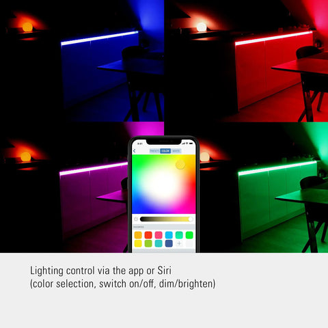 Smart LED Light Strip With Full Color Spectrum And White 1800 Lumens Adaptive Lighting Works With Siri and HomeKit shown in various colors
