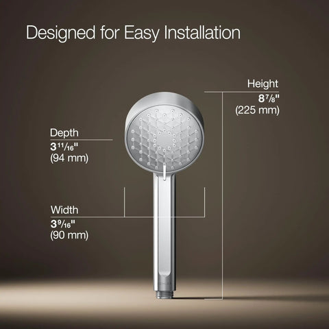 Awaken G90 Three Function Handshower 1.5 GPM Polished Chrome dimensions chart with wide coverage drenching spray face
