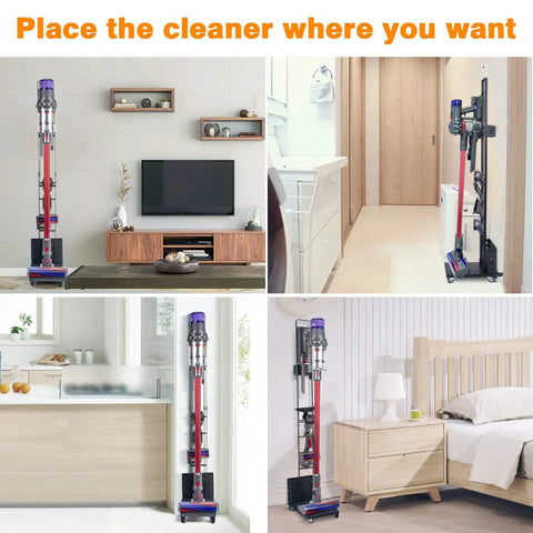 Heavy Duty Cordless Vacuum Stand Docking Station With Wheels in various home settings