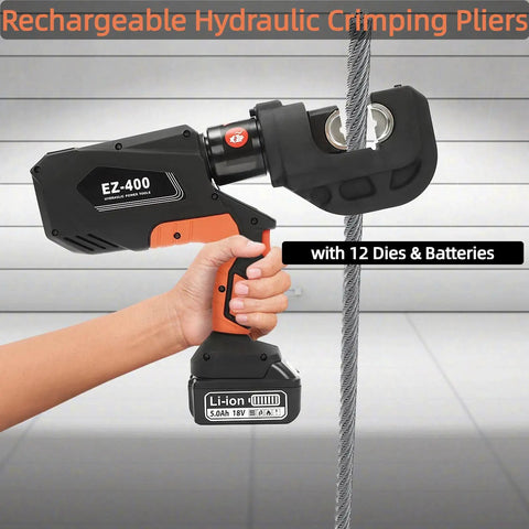 Top Shelf Hydraulic Cable Lug Crimper Pliers With Twelve Heavy Duty Dies Rock Solid 150KN tool held for crimping wire.
