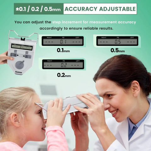 Optician using Pro Grade Digital PD Meter For Pupillary Distance 45 To 82mm Handheld Pupilometer With Precision Sensor on child