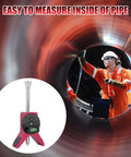 Pipe center finder tool with pink body and adjustable dial bubble protractor, front view.