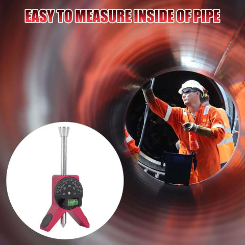 Pipe center finder tool with pink body and adjustable dial bubble protractor, front view.