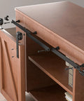 Compact 2.5 Foot Mini Sliding Barn Door Hardware Track Kit installed on wooden cabinet