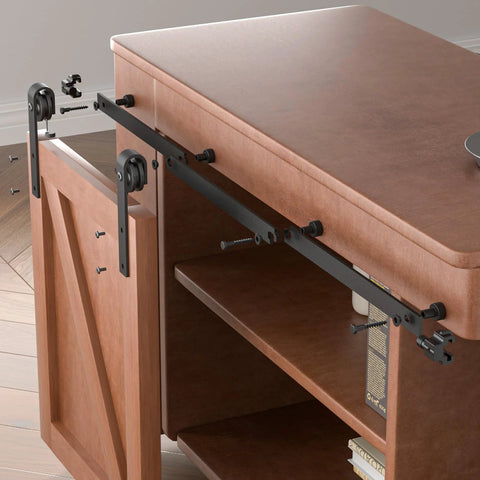 Compact 2.5 Foot Mini Sliding Barn Door Hardware Track Kit installed on wooden cabinet