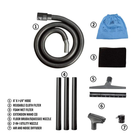 Accessories for Powerful 5 Gallon Wet Dry Shop Vacuum With 3 Peak HP Motor, includes hose, filters, wands, and nozzles.