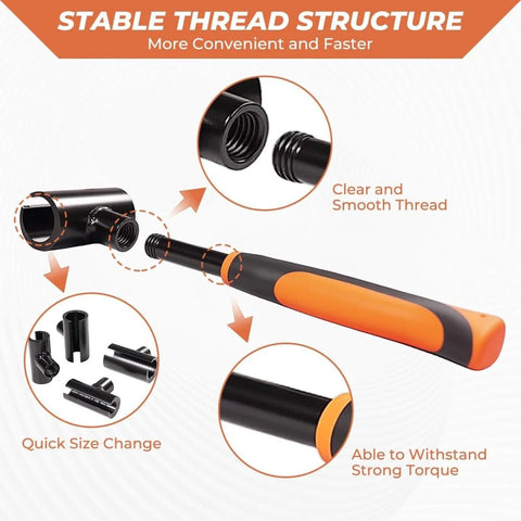 Door Hinge Gap Adjusting Tool Kit With Four Interchangeable Wrench Adapters showing orange rubber grip and smooth thread design.