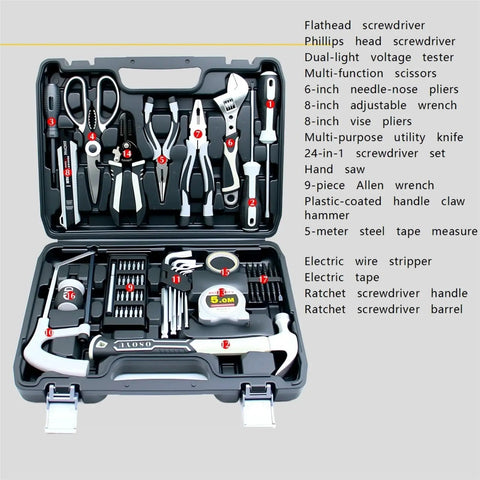 Portable Mechanics Tool Kit Set With Clear Organized Plastic Toolbox Storage Case For Home Garage And Apartment DIY Projects Easy Access And Durable All In One Design Keeps Every Tool Right At Your Fingertips with open lid displaying neatly arranged tools inside.